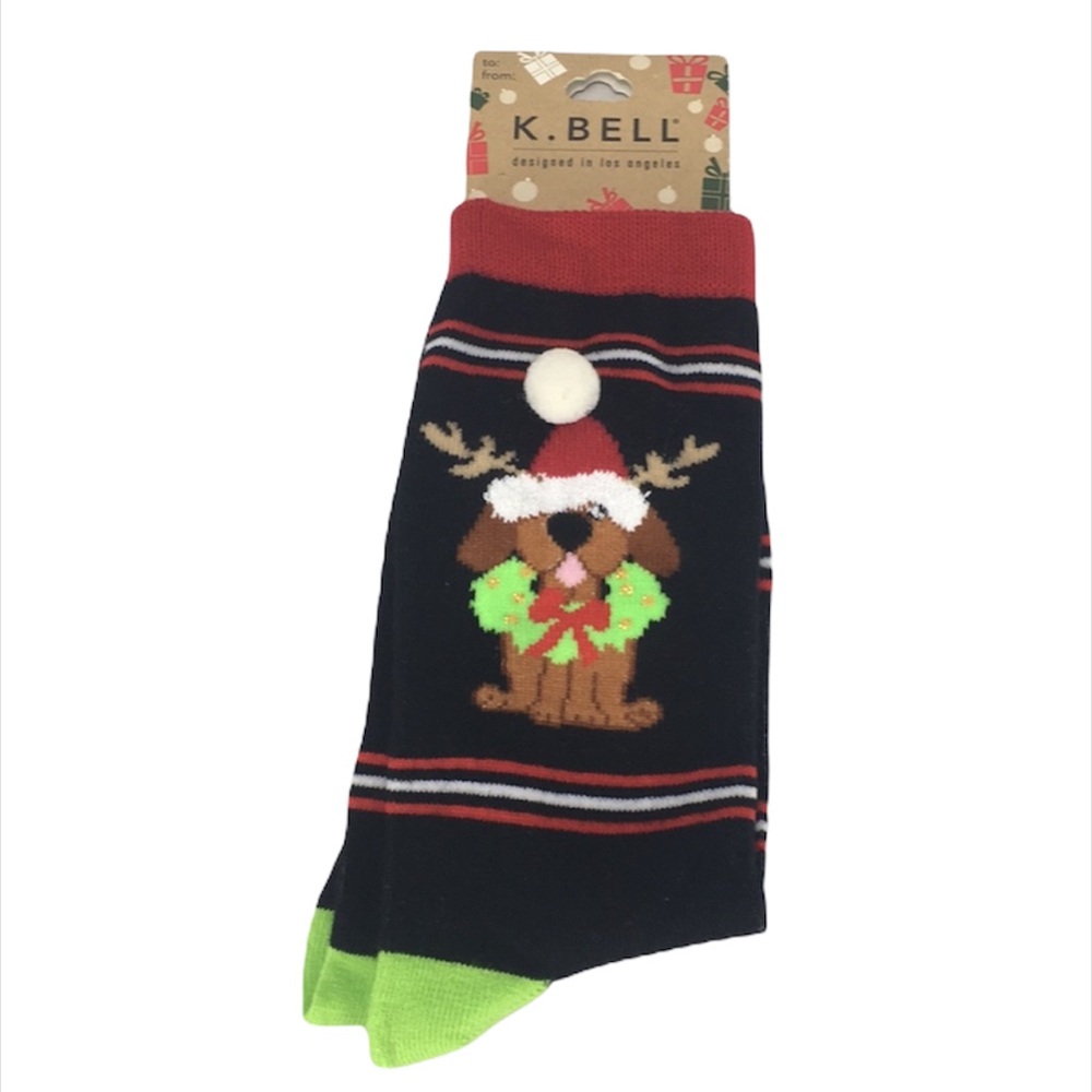 K. Bell Christmas Dog Reindeer Socks, Black, Green